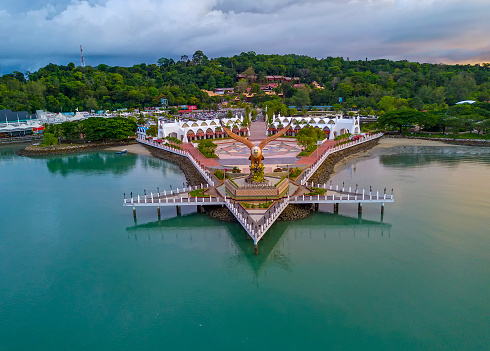 Aerial view of public Eagle statue, the symbol of Langkawi island, Malaysia